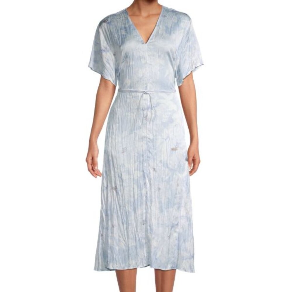 Vince Blue Floral Tie-Waist Midi Dress (Size M)